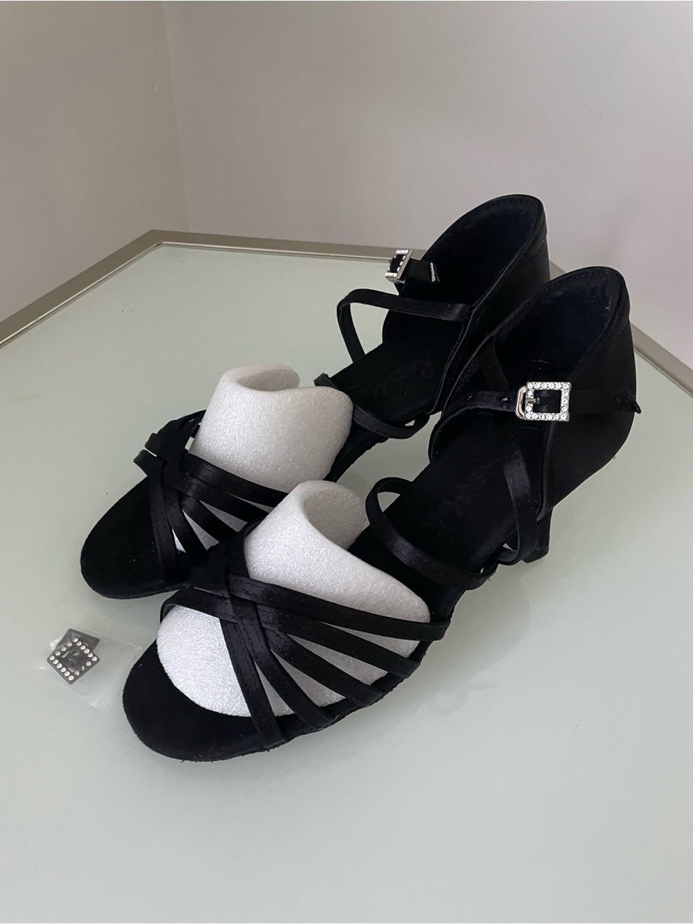 Dance Heels Black Satin Strappy Shoes with Rhinestone Buckle Size 37